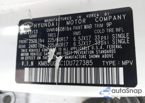 2013 Hyundai Tucson Gls z USA, uszkodzony, nr VIN KM8JUCAC1DU727385